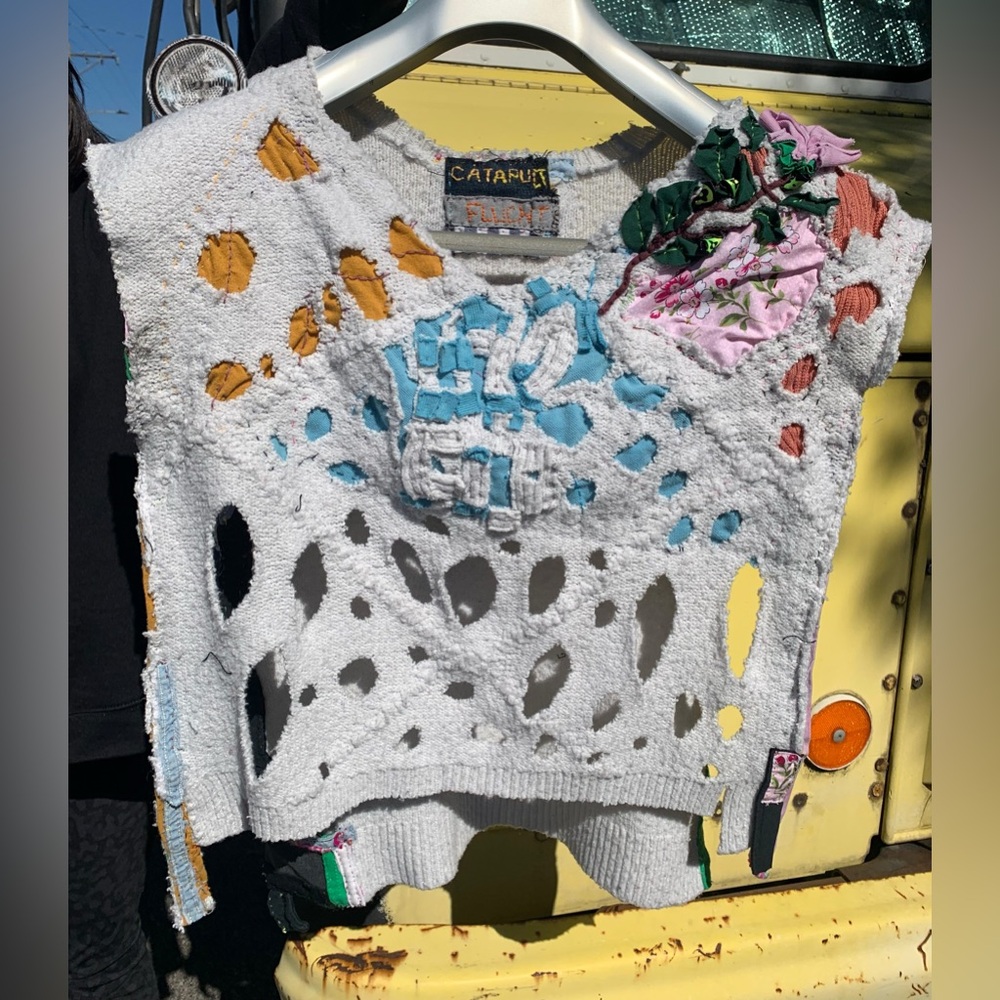3D Rose - Floral Distressed Wearable Art Sweater - Holes - Multicolor Rainbow